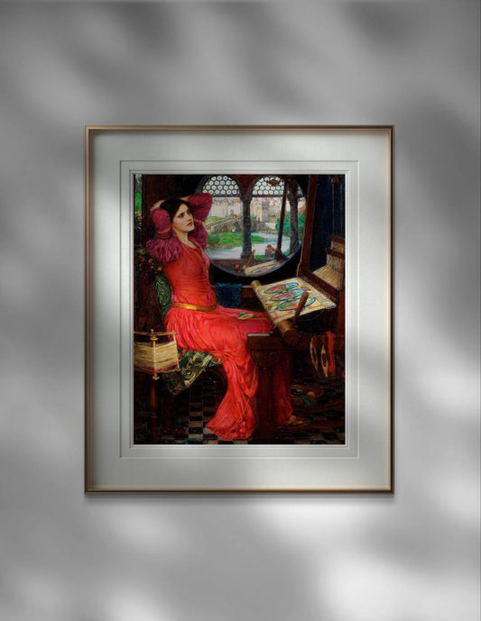 This framed "Lady of Shalott" poster is highlighted against a neutral background, emphasizing its elegance and timeless appeal. Perfect for creating a focal point in any room. Keywords: Fine Art Print, Lady of Shalott Poster, Classical Art, Home Decor, Wall Art.