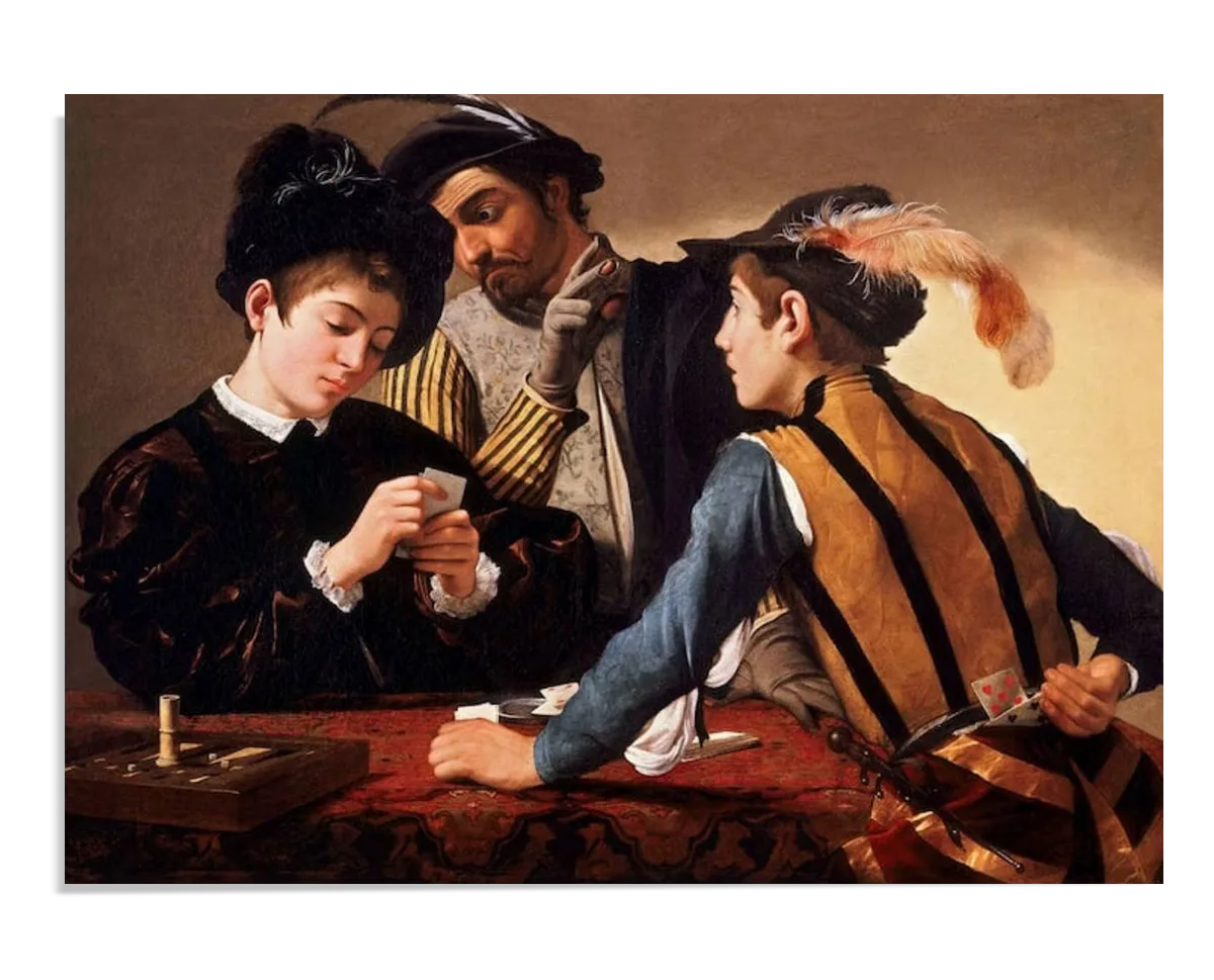 Three men are around a table. The young man on the left is focused on his cards, while the older man in the middle watches carefully. The third man, in colorful attire, secretly hides a card behind his back.