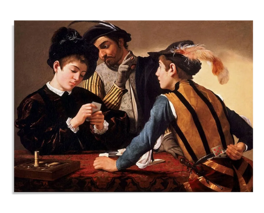 Three men are around a table. The young man on the left is focused on his cards, while the older man in the middle watches carefully. The third man, in colorful attire, secretly hides a card behind his back.