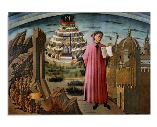 Dante, dressed in a long pink robe, stands prominently in the foreground, holding an open book. On his left, a depiction of Hell with suffering souls, while on his right, the city of Florence and a spiral mountain representing Purgatory and Heaven.

