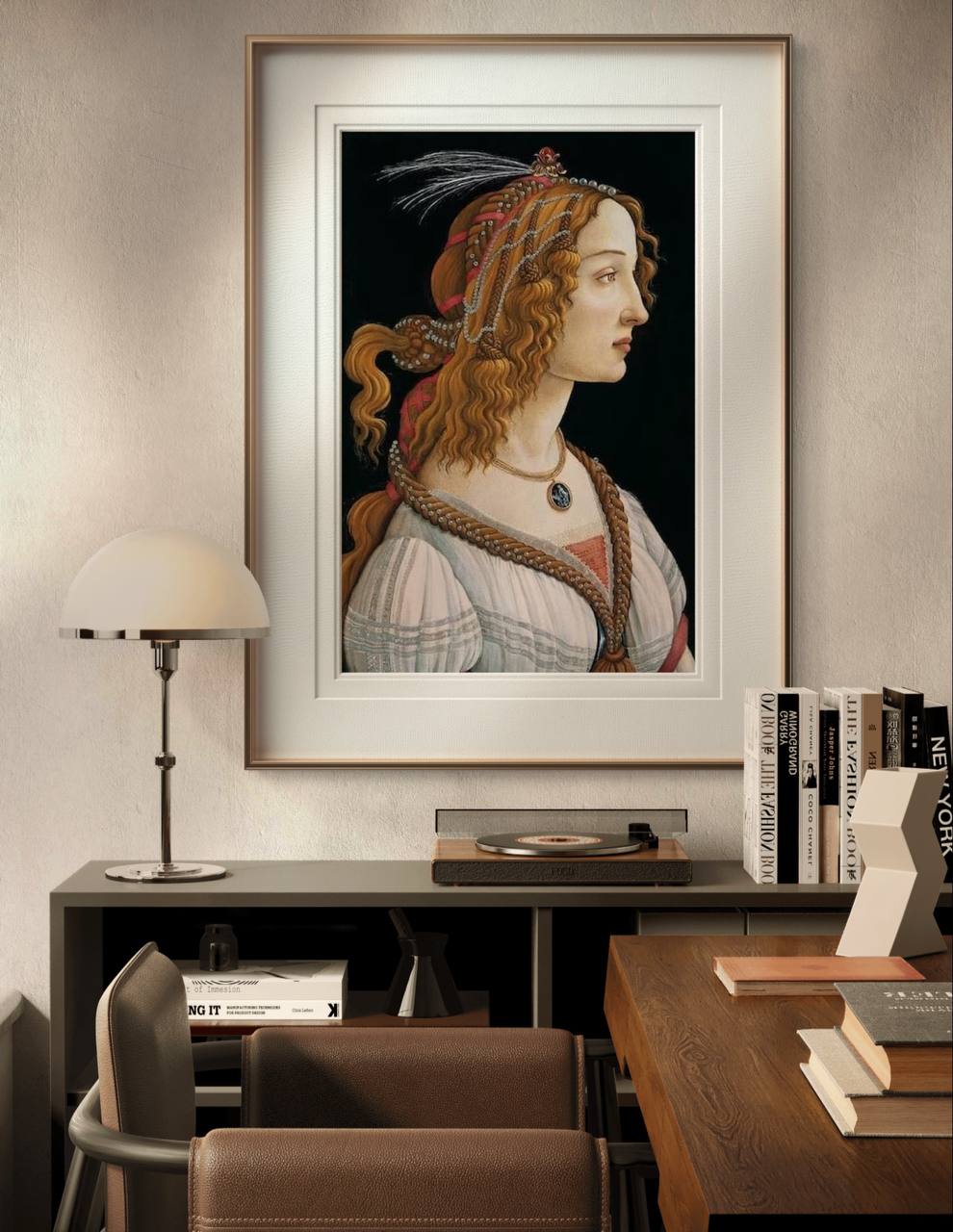 The same framed portrait of a Renaissance woman hangs above a modern console table with a record player and books. The decor includes a cream lamp, creating a stylish and sophisticated space.