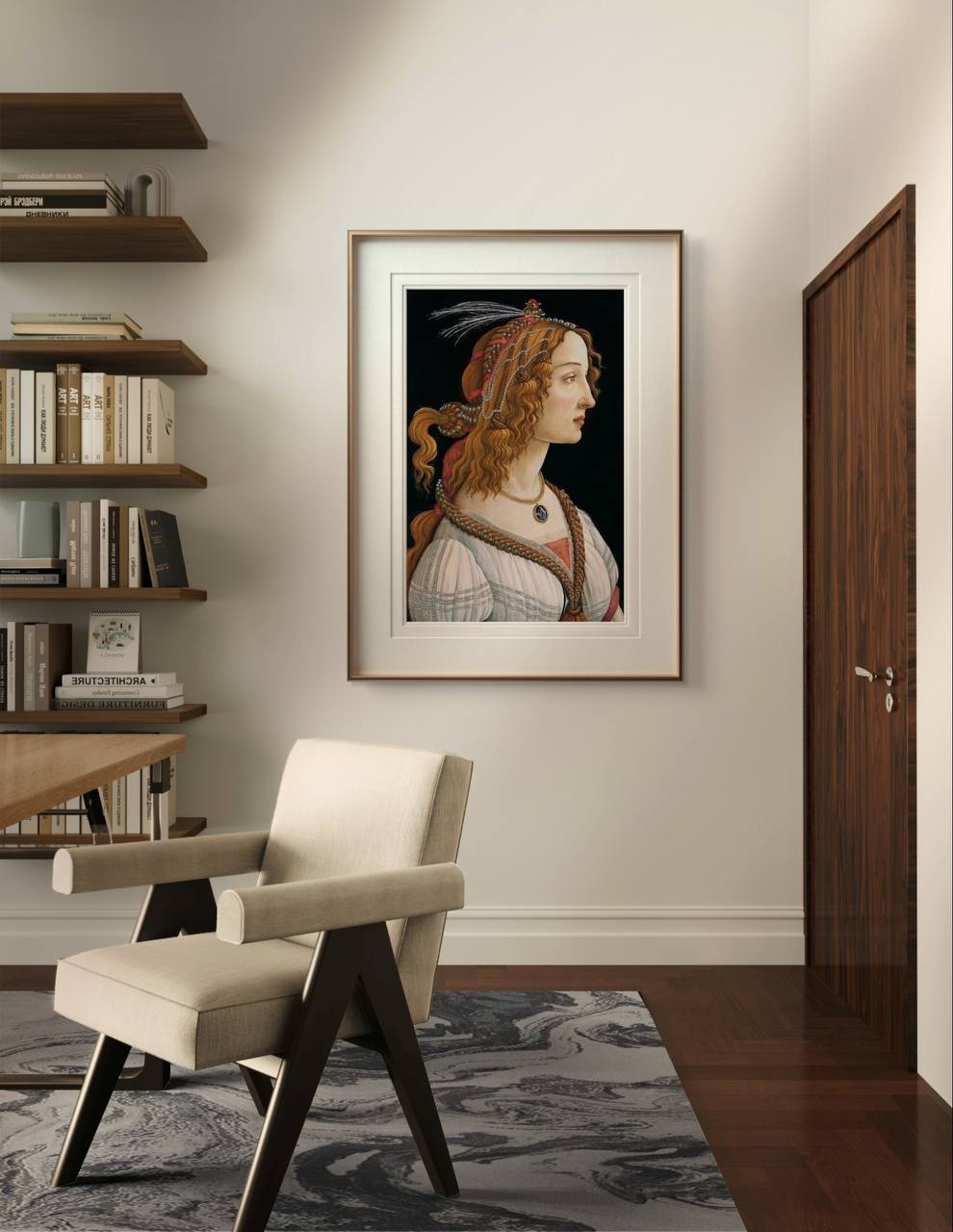 A framed Renaissance portrait hangs in a minimalist room. A beige chair sits in front of a wooden desk with shelves on the left. The detailed artwork contrasts beautifully with the modern, simple decor.