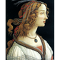 A profile portrait of a woman with curly blonde hair, adorned with pearls and ribbons, dressed in a detailed Renaissance gown. The background is black, highlighting the elegance and detail of her attire.