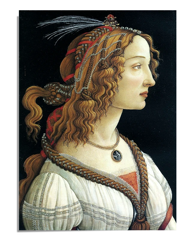 A profile portrait of a woman with curly blonde hair, adorned with pearls and ribbons, dressed in a detailed Renaissance gown. The background is black, highlighting the elegance and detail of her attire.