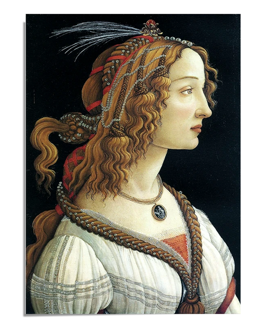 A profile portrait of a woman with curly blonde hair, adorned with pearls and ribbons, dressed in a detailed Renaissance gown. The background is black, highlighting the elegance and detail of her attire.