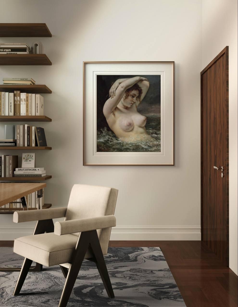 A framed painting of a woman in the waves hangs in a minimalist room. The scene shows her partially submerged in water, arms raised, surrounded by a modern beige chair and bookshelves, creating a calm, introspective atmosphere.