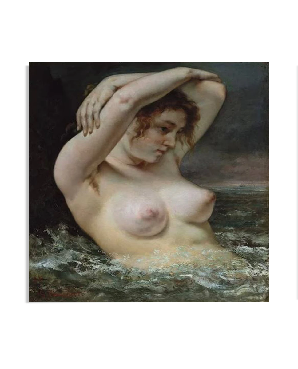 A woman with her arms raised above her head, partially submerged in waves. Her expression is contemplative as she looks to the side. The dark, stormy background contrasts with her pale skin and flowing hair.