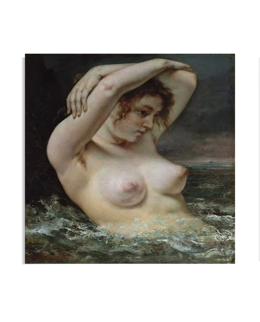 A woman with her arms raised above her head, partially submerged in waves. Her expression is contemplative as she looks to the side. The dark, stormy background contrasts with her pale skin and flowing hair.