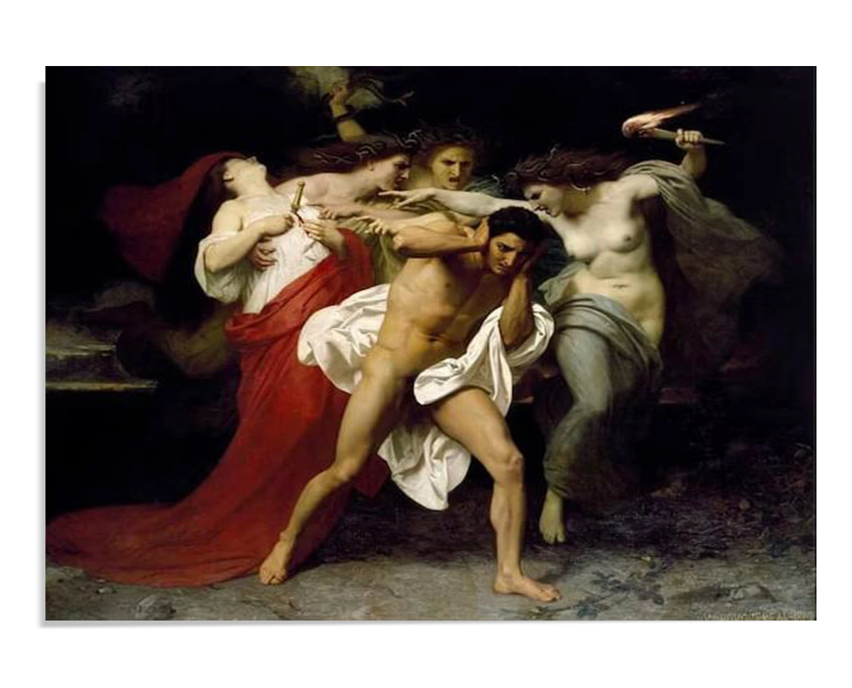 A dramatic painting showing Orestes being tormented by three Furies. The central figure, Orestes, is nearly nude, while the Furies surround him with intense expressions, one holding a torch, creating a sense of chaos and despair.