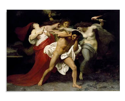A dramatic painting showing Orestes being tormented by three Furies. The central figure, Orestes, is nearly nude, while the Furies surround him with intense expressions, one holding a torch, creating a sense of chaos and despair.