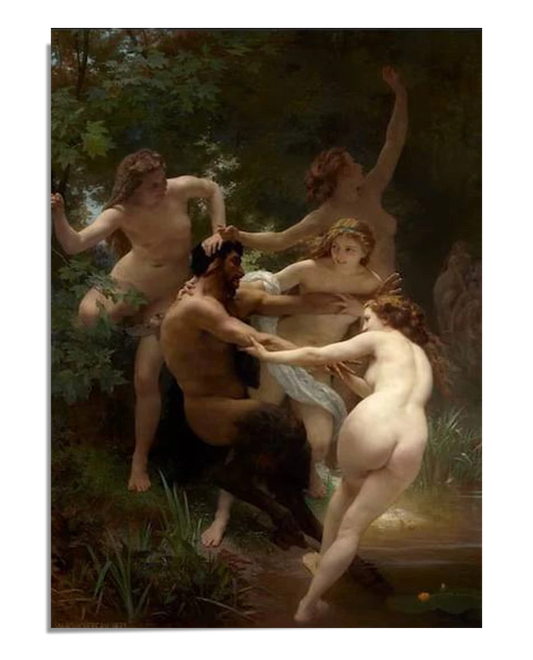 A classical painting shows four nymphs interacting with a satyr near a forest stream. The nymphs are playfully pulling at the satyr, creating a dynamic, mythological scene.