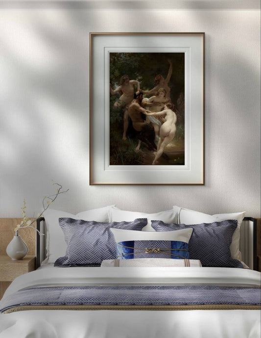 A framed painting of nymphs seducing a satyr hangs above a bed with patterned pillows. The scene depicts four nymphs pulling at the satyr amidst lush greenery, creating a serene yet dynamic atmosphere in the bedroom