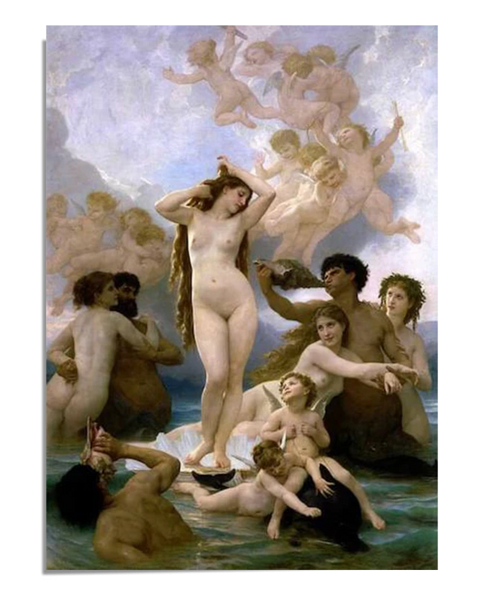 A painting of "The Birth of Venus" by Bouguereau, depicting Venus standing gracefully on a seashell, surrounded by mythical figures in the ocean. Above her, cherubs float in the sky, celebrating her arrival.