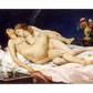 A sensual painting of two nude women lying intertwined on a bed, peacefully asleep. One has dark hair, the other blonde, and they rest against soft white sheets. A vase of flowers decorates a nearby table.