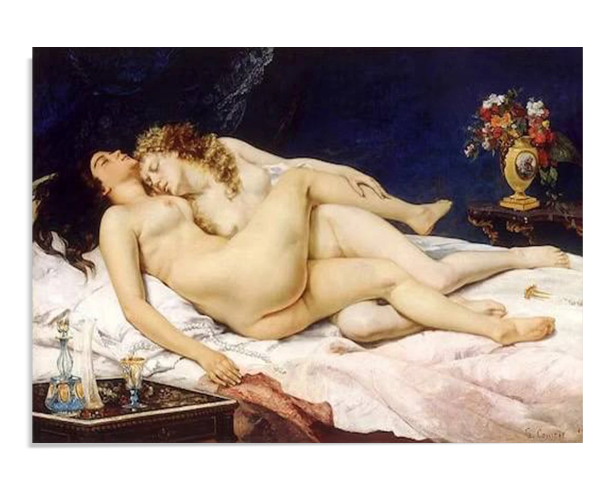 A sensual painting of two nude women lying intertwined on a bed, peacefully asleep. One has dark hair, the other blonde, and they rest against soft white sheets. A vase of flowers decorates a nearby table.