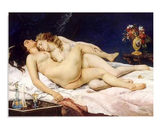 A sensual painting of two nude women lying intertwined on a bed, peacefully asleep. One has dark hair, the other blonde, and they rest against soft white sheets. A vase of flowers decorates a nearby table.