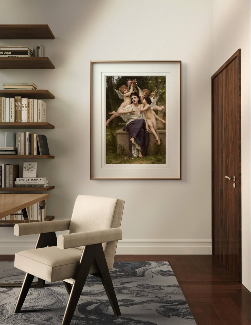 The framed painting of a woman and cherubs hangs in a minimalist room above a beige chair and wooden desk. The soft colors and classical theme create a calm, timeless atmosphere.