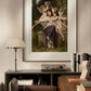 The painting of a woman surrounded by cherubs is displayed above a console table. The modern decor, including books and a lamp, contrasts with the classical theme of the artwork.

