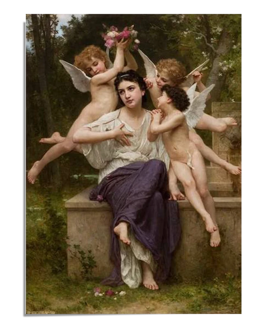 A serene painting of a seated woman surrounded by playful cherubs. The woman looks contemplative as the cherubs offer her flowers. The background shows a peaceful, wooded garden setting.