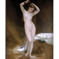 A classical painting of a nude woman standing, gently brushing her long hair. The soft, muted background highlights her natural beauty, with a white cloth draped at her feet.
