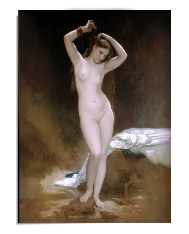 A classical painting of a nude woman standing, gently brushing her long hair. The soft, muted background highlights her natural beauty, with a white cloth draped at her feet.
