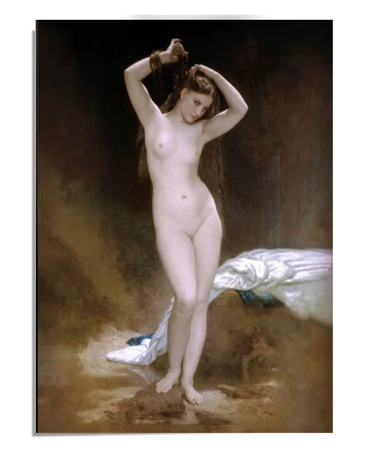 A classical painting of a nude woman standing, gently brushing her long hair. The soft, muted background highlights her natural beauty, with a white cloth draped at her feet.
