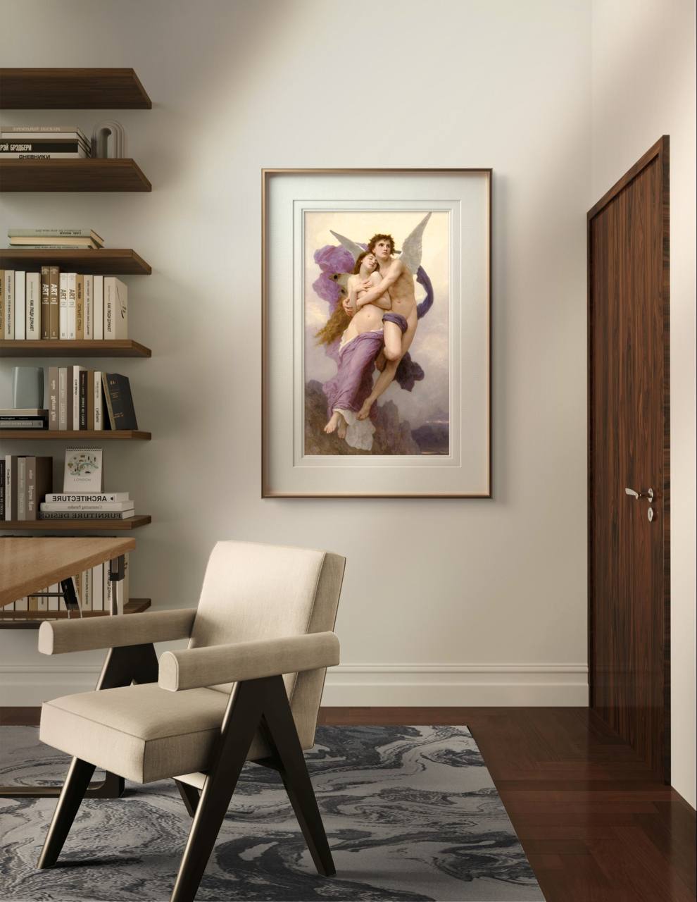 This framed print of "Cupid and Psyche" is elegantly displayed in a modern interior setting, adding a touch of romanticism to the room. The soft pastel colors of the artwork, along with the tender embrace between the figures, create a serene atmosphere perfect for a living room, study, or even a bedroom. This Printed Poster showcases the delicate details and classical style of Bouguereau, making it an ideal addition to any Home Gallery Wall. The timeless beauty of this piece makes it a must-have for fans of