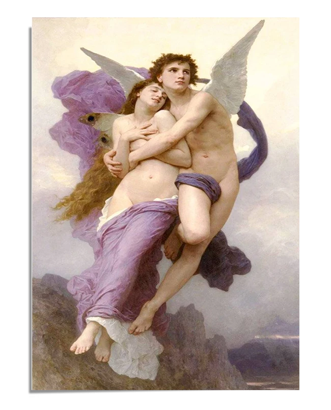 This stunning poster is a high-quality reproduction of "Cupid and Psyche" by William-Adolphe Bouguereau. The artwork depicts Cupid, with his soft angelic wings, tenderly holding Psyche as they ascend through the clouds. Psyche is draped in a flowing purple fabric, and the emotion of love and serenity is beautifully portrayed in their expressions and embrace. This Bouguereau Poster brings classical elegance and romanticism to any space, making it perfect for lovers of fine art and classical mythology. Ideal