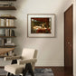 The framed painting of Cupid and Psyche hangs in a sophisticated room with wooden shelves and a beige armchair. The modern, clean decor complements the classical artwork.