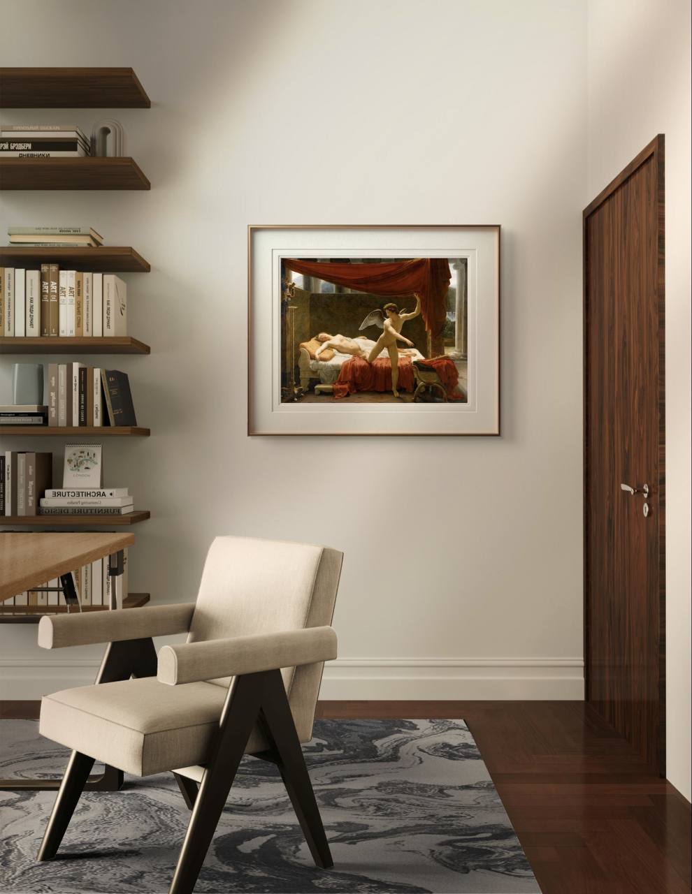 The framed painting of Cupid and Psyche hangs in a sophisticated room with wooden shelves and a beige armchair. The modern, clean decor complements the classical artwork.