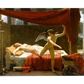 A classical painting of Psyche lying asleep on a luxurious bed, while Cupid, with wings, pulls back a red drape. The setting includes classical columns and soft, golden lighting.

