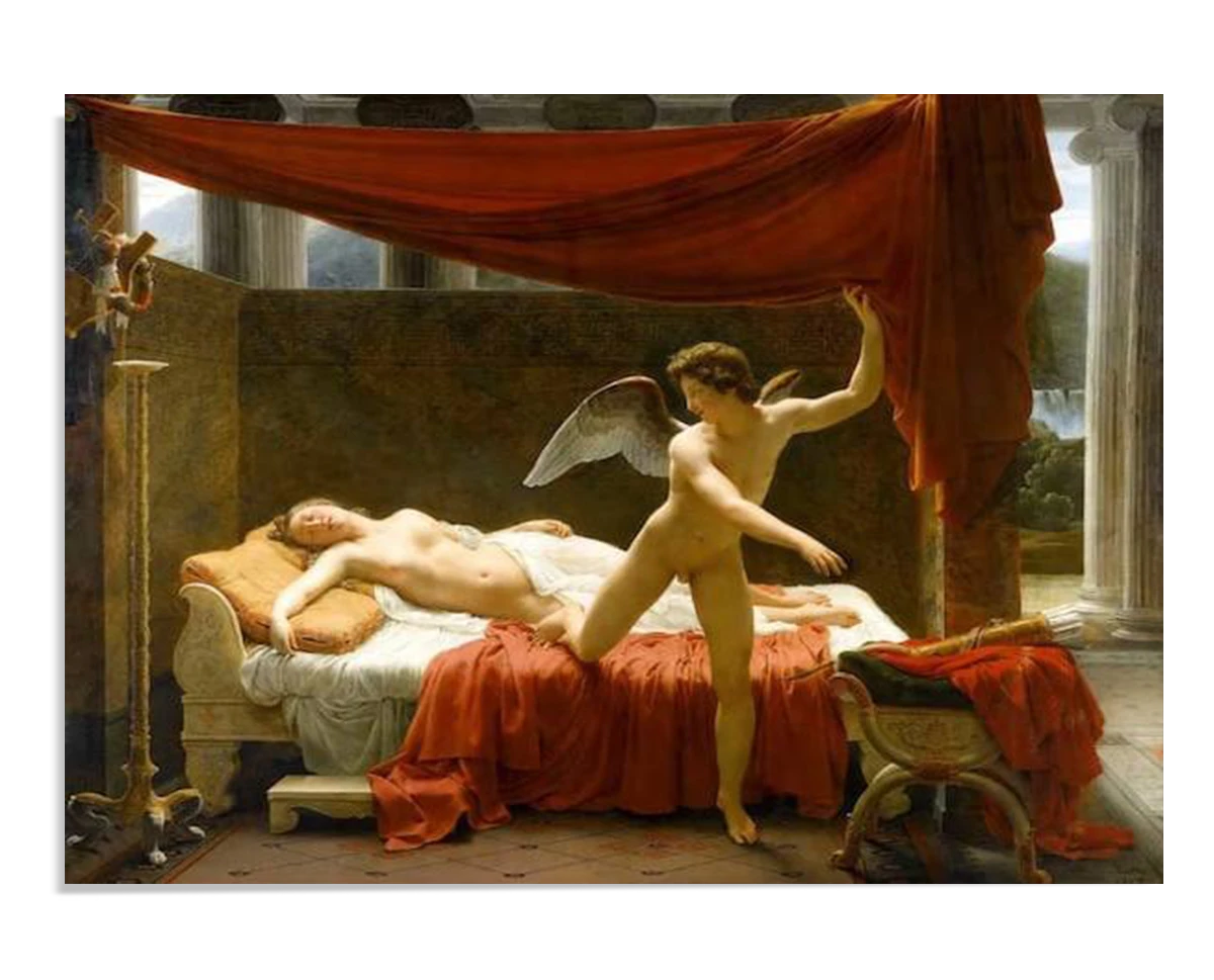 A classical painting of Psyche lying asleep on a luxurious bed, while Cupid, with wings, pulls back a red drape. The setting includes classical columns and soft, golden lighting.

