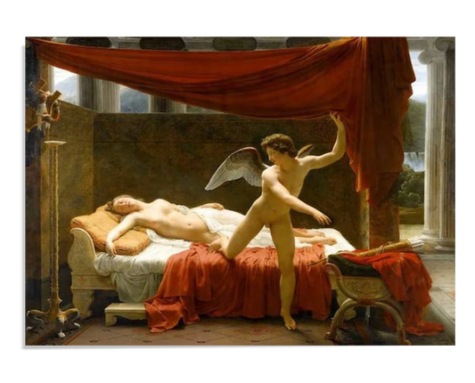 A classical painting of Psyche lying asleep on a luxurious bed, while Cupid, with wings, pulls back a red drape. The setting includes classical columns and soft, golden lighting.

