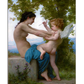 A classical painting where a woman gently pushes away a playful, winged Eros (Cupid) who holds an arrow. The scene is set outdoors under a tree with a serene landscape in the background.