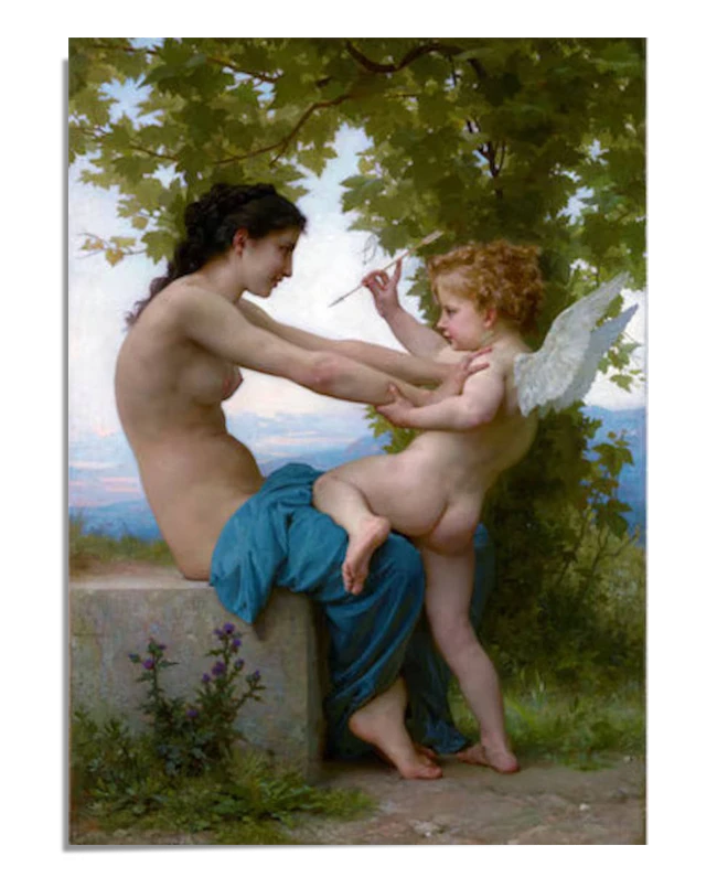 A classical painting where a woman gently pushes away a playful, winged Eros (Cupid) who holds an arrow. The scene is set outdoors under a tree with a serene landscape in the background.