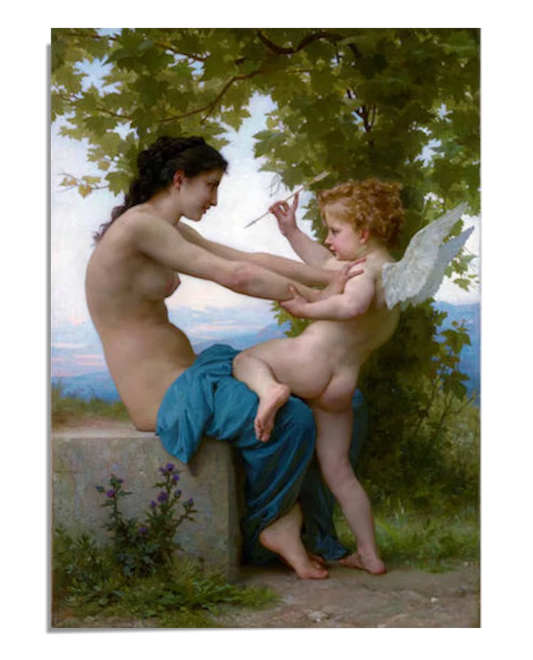 A classical painting where a woman gently pushes away a playful, winged Eros (Cupid) who holds an arrow. The scene is set outdoors under a tree with a serene landscape in the background.