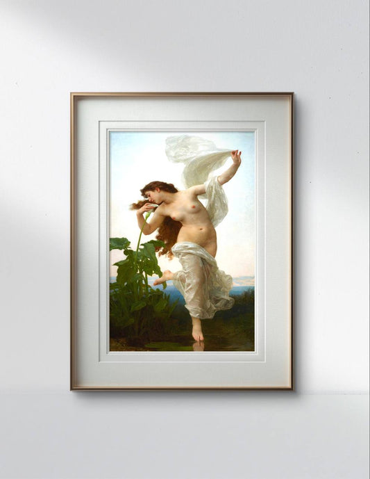 This elegant painting of L'Aurore is displayed in a white and gold frame against a minimalist white wall. The softness of the artwork's colors contrasts beautifully with the simple background.