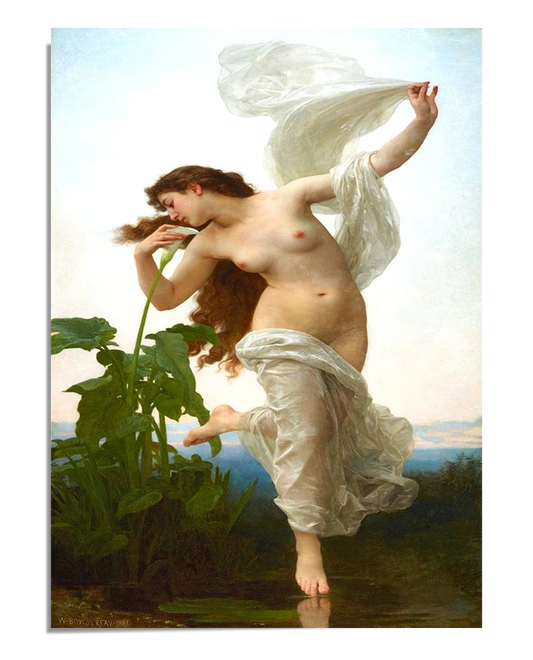 A classical painting of a nude woman representing dawn, gracefully holding a large leaf and draped in a translucent fabric. She stands delicately on one foot, surrounded by lush greenery.