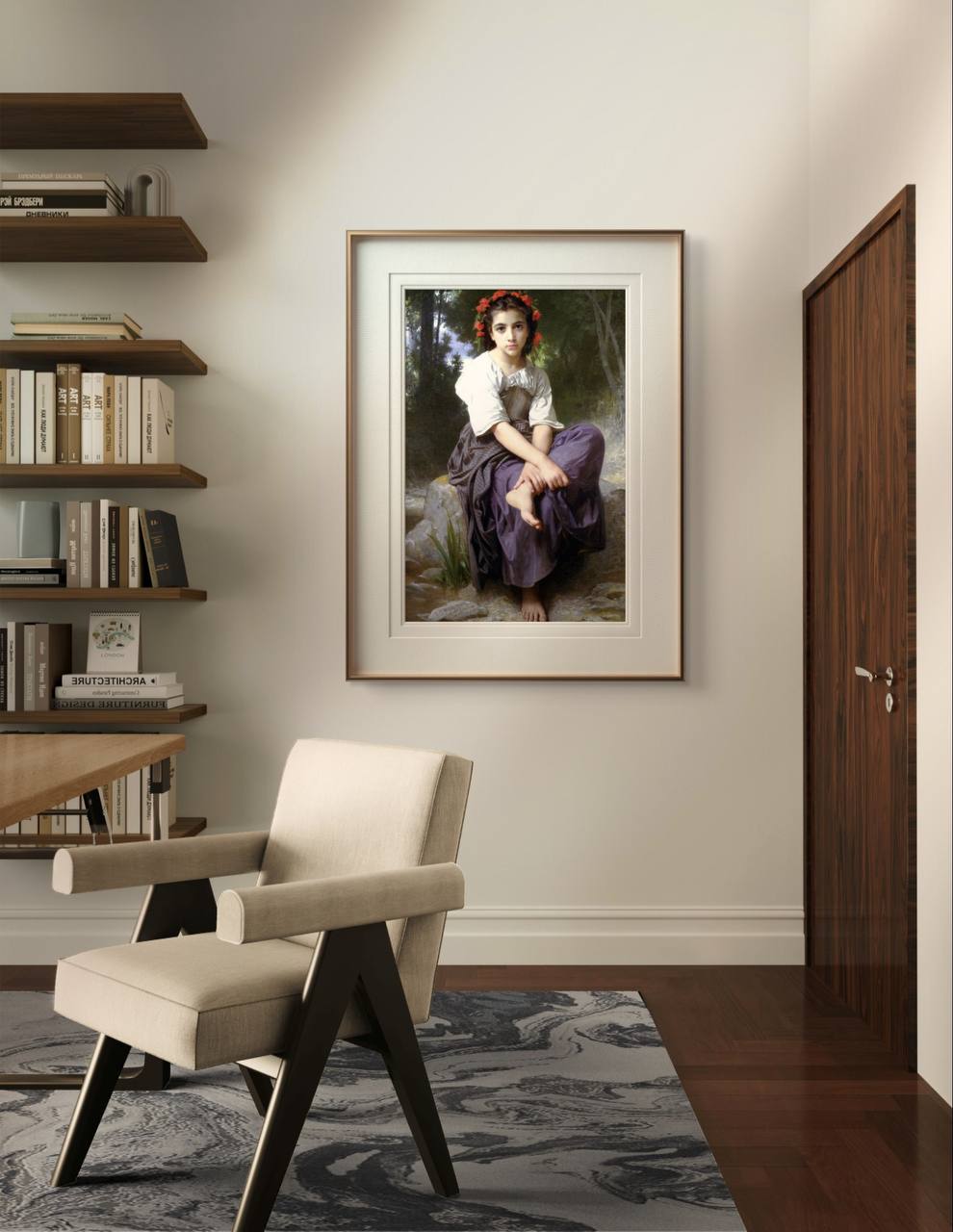 The painting of the girl sitting by the brook is framed elegantly and displayed in a modern room with wooden shelves and a comfortable chair. The serene colors of the artwork complement the room's calming ambiance.