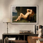 The painting of Mary Magdalene is elegantly framed and displayed above a desk in a warm home office. The soft lighting complements the dark, rich tones of the artwork, creating a calming atmosphere.
