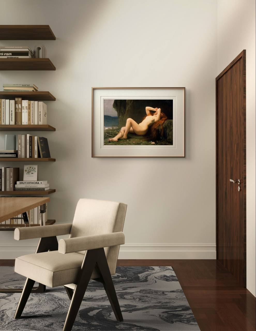 This framed painting of Mary Magdalene rests on a neutral-colored wall in a modern room with minimal decor. The golden frame enhances the artwork's classical beauty, contrasting beautifully with the simplicity of the space.