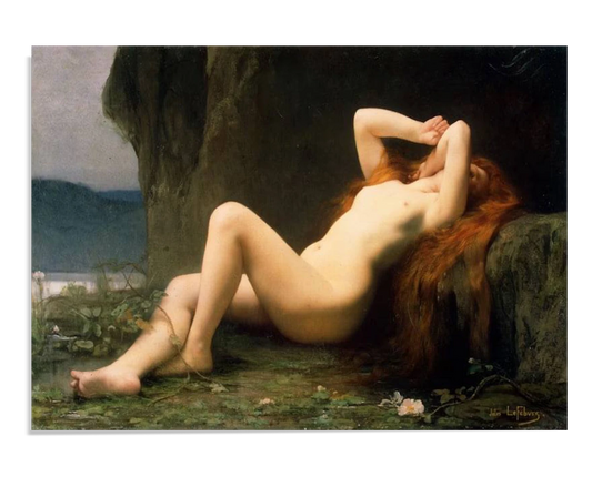 A classical painting depicting Mary Magdalene reclining in a grotto, her long, flowing red hair cascading over her body. She appears lost in thought, surrounded by nature with a serene background of rocks and plants.