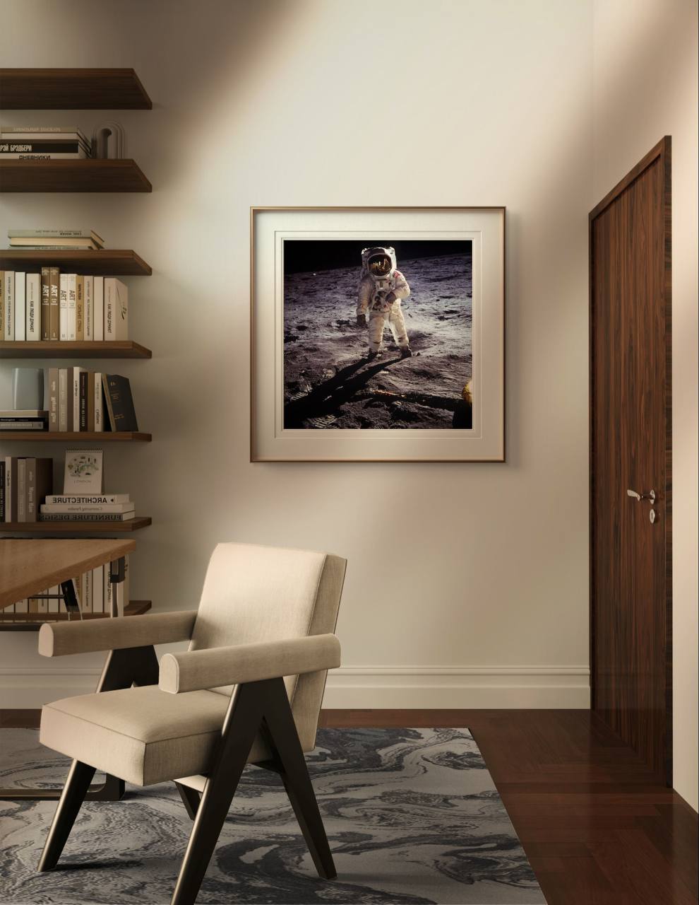 In this image, the poster of Buzz Aldrin on the moon is displayed in a sleek modern interior, framed and mounted on a light-colored wall. The detailed photograph of the lunar surface, combined with the astronaut’s shadow stretching across the moon’s surface, gives the piece an incredible sense of depth and realism. This Printed Poster fits perfectly in a study, living room, or office, adding an inspiring and historical touch to the decor. A must-have for lovers of space exploration, this Home Decor piece is