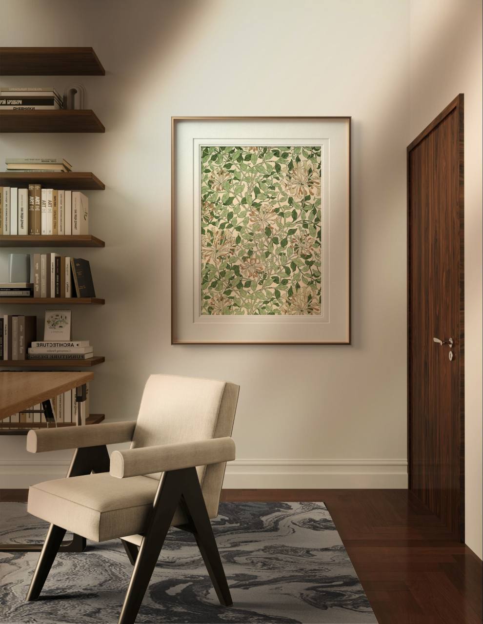 This botanical William Morris art print, framed in white and gold, hangs on a minimalist wall. The vibrant green and soft orange tones of the print bring a touch of nature to the modern, elegant space.