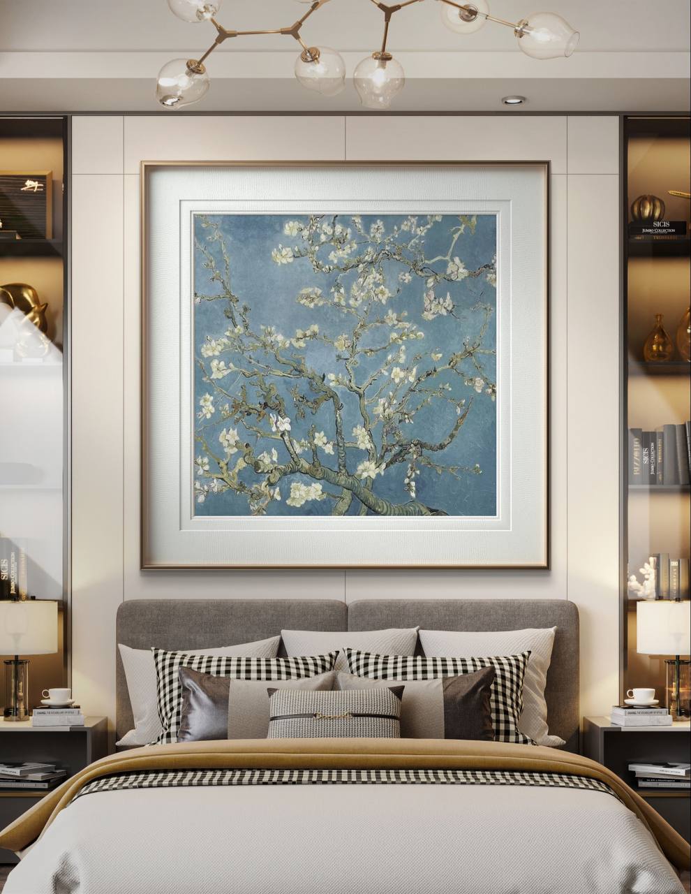 The painting of "Almond Blossom" is displayed in a bedroom, framed elegantly above the bed. The calming colors of the artwork blend harmoniously with the cozy decor, creating a restful and inviting atmosphere.