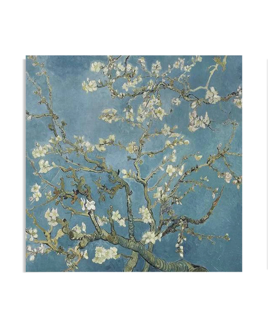 A serene painting featuring delicate almond tree branches adorned with white blossoms against a vibrant blue sky. The contrast between the blooming flowers and the sky creates a sense of calm and beauty.