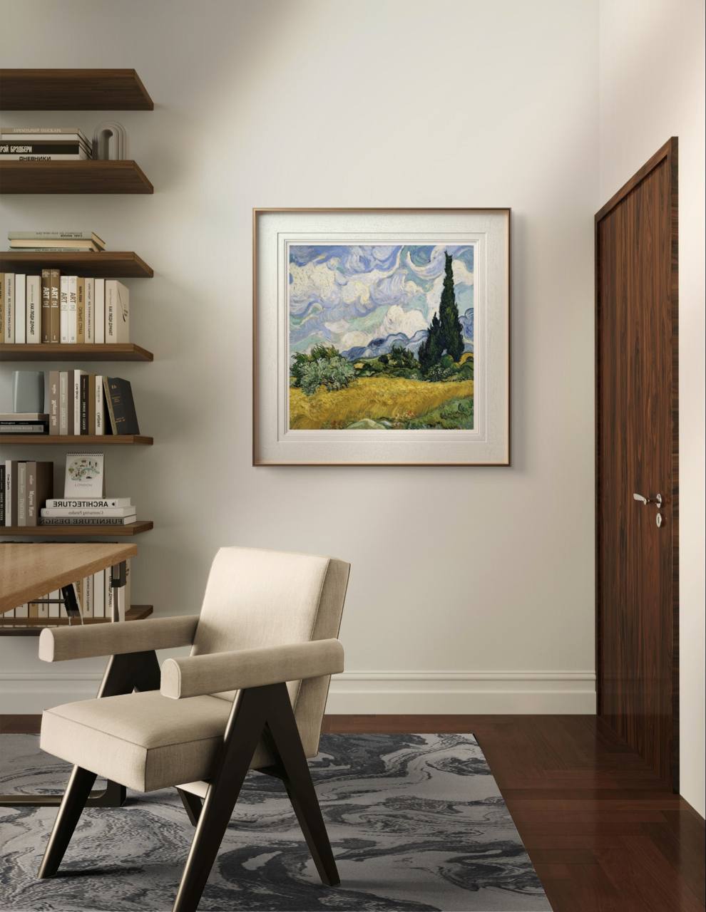 This reproduction of Van Gogh's "Wheat Field with Cypresses" is displayed in a white and gold frame on a minimalist white wall. The golden wheat and swirling sky bring warmth and motion to the calm, contemporary space.