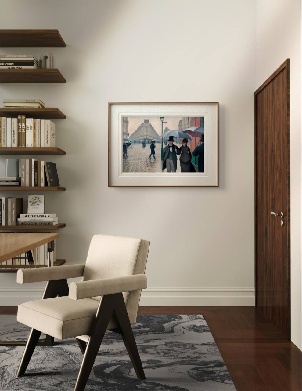 Artwork featuring a Paris street in the rain, framed and hanging in a cozy, stylish room. The print adds a refined touch to the space, enhancing the overall warm and contemporary feel.