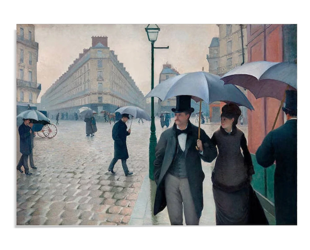 A classic scene of a Paris street on a rainy day, showing people holding umbrellas. A couple walks in the foreground, surrounded by cobblestone streets and elegant architecture in the background