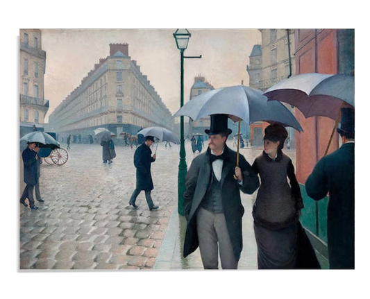 A classic scene of a Paris street on a rainy day, showing people holding umbrellas. A couple walks in the foreground, surrounded by cobblestone streets and elegant architecture in the background